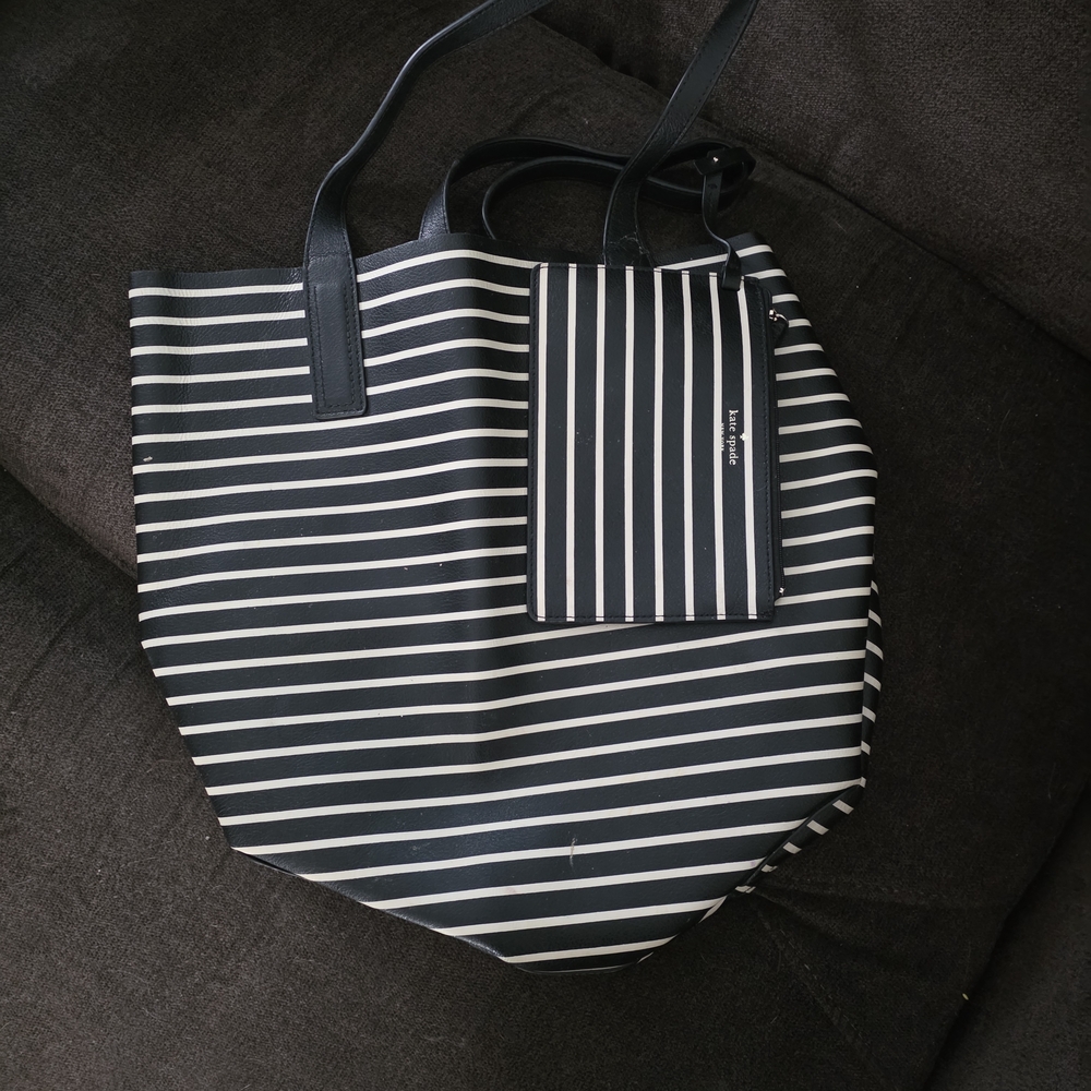Kate Spade Arch Laure Stripe Reversible Tote Shoulder Handbag Black Multi Pouch